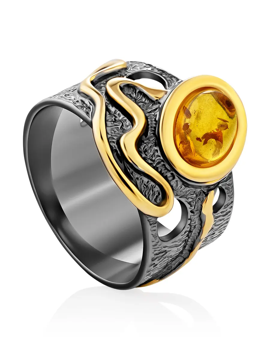 картинка Стильное широкое кольцо «Иллюзия» с натуральным янтарём в онлайн магазине