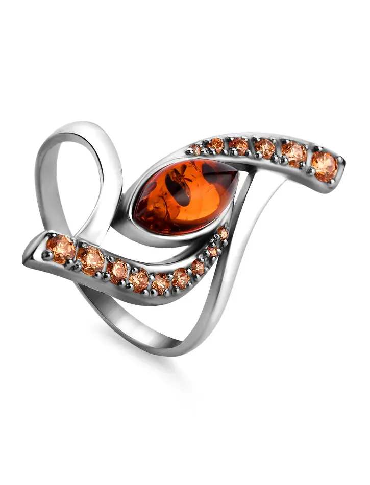 картинка Изысканное кольцо из серебра и натурального коньячного янтаря «Ренессанс» в онлайн магазине