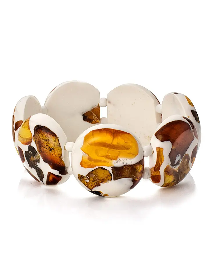 картинка Мозаичный браслет из круглых секций с натуральным янтарём «Далматин» в онлайн магазине