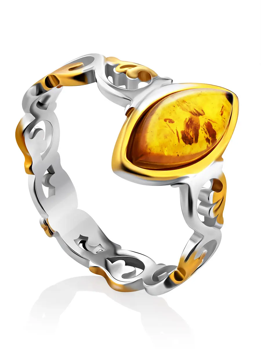картинка Женственное кольцо «Валетта» из серебра с позолотой и янтаря золотистого оттенка в онлайн магазине