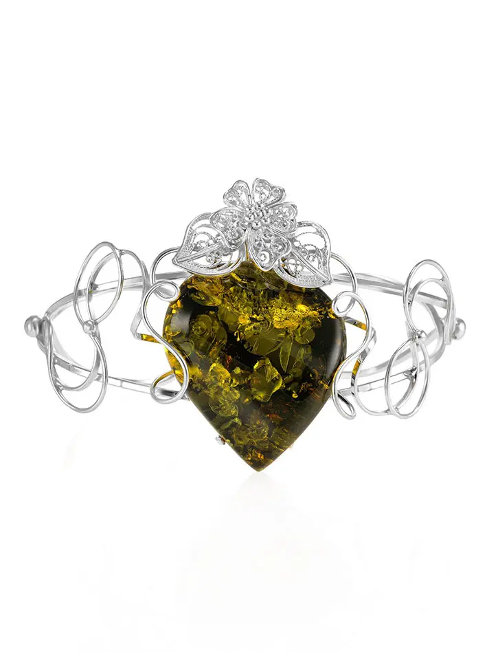 картинка Изящный браслет с крупным натуральным сверкающим зеленым янтарем «Филигрань» в онлайн магазине