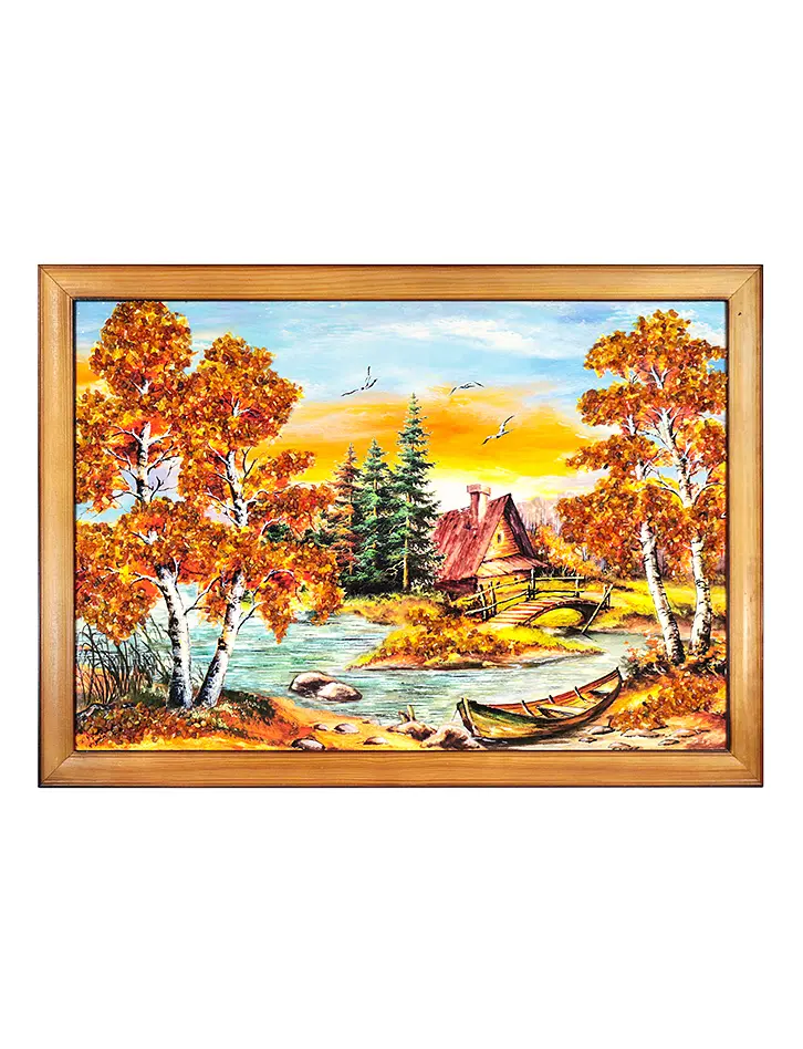 картинка Картина горизонтального формата, украшенная натуральным янтарём «Домик у реки» в онлайн магазине