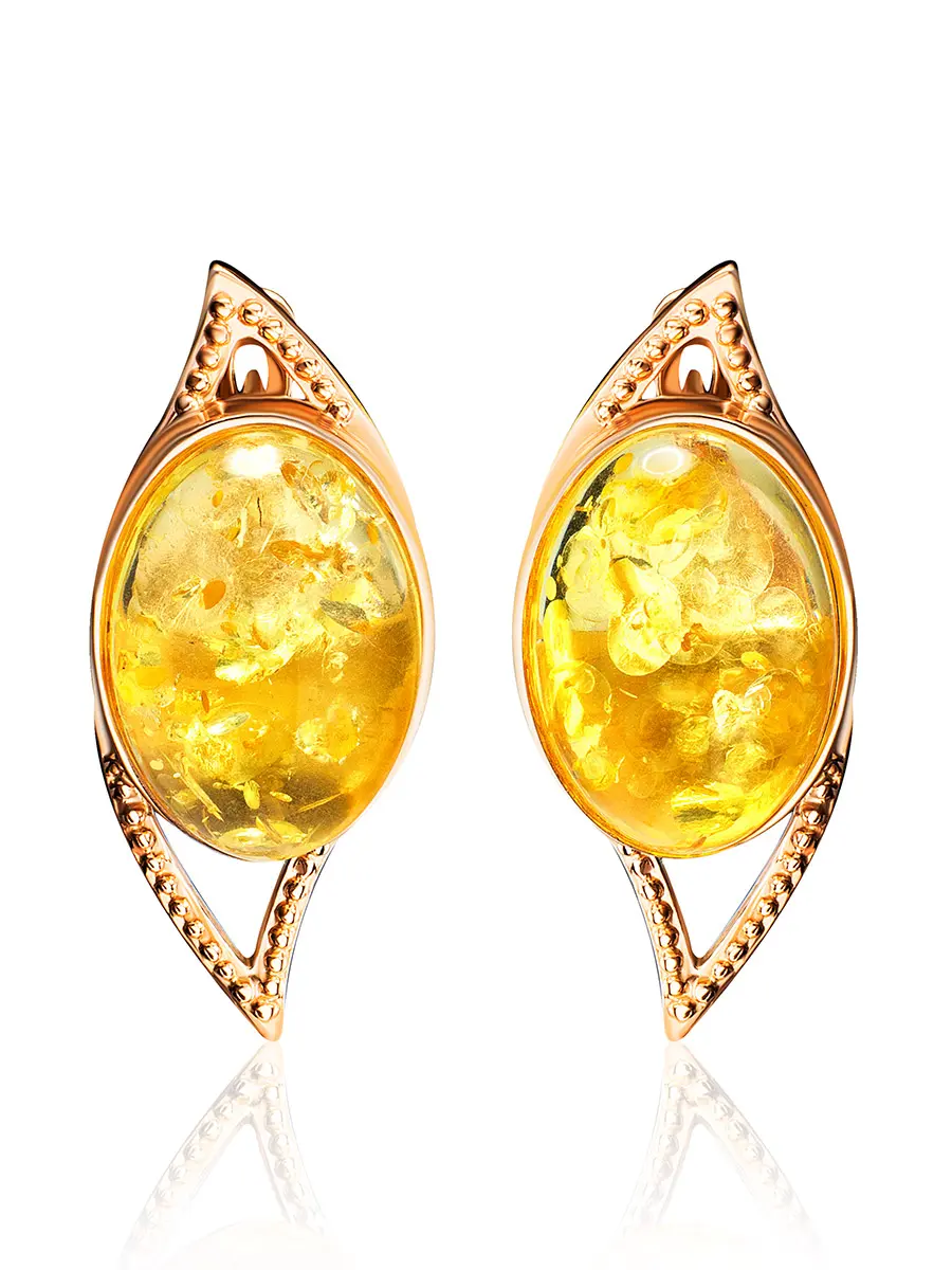 картинка Позолоченные серьги «Прима» с натуральным янтарём лимонного цвета в онлайн магазине