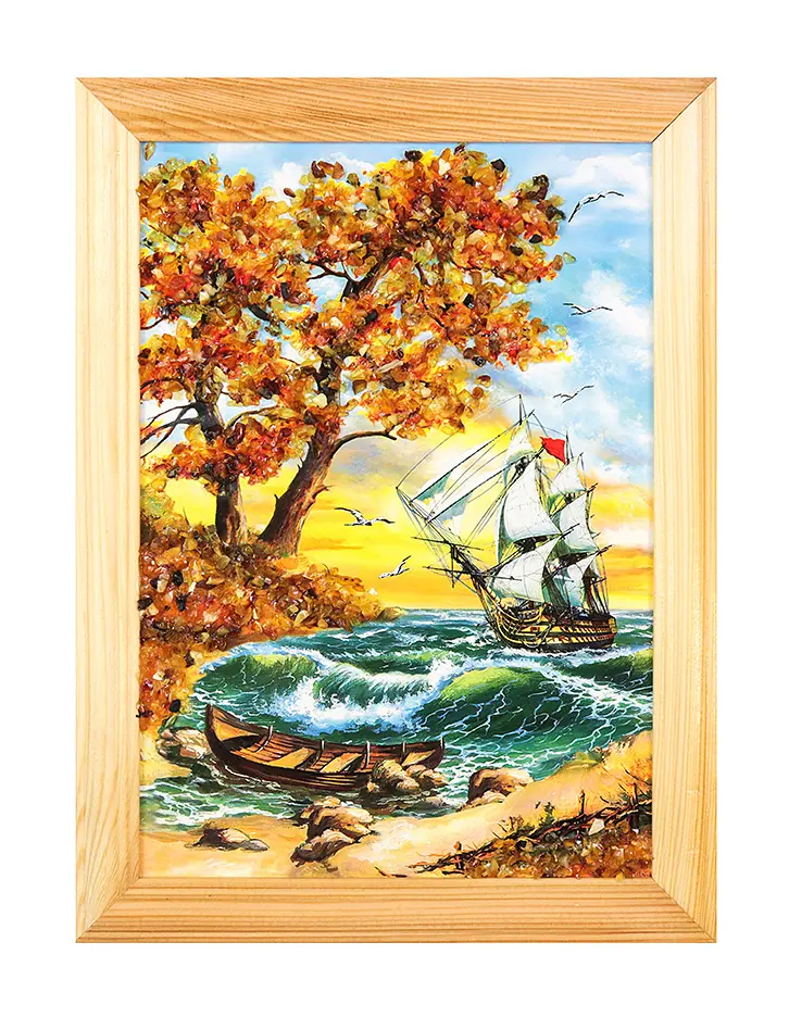картинка Яркая картина среднего размера, украшенная натуральным балтийским янтарём «Крики чаек»  24 (В) х 17 (Ш) в онлайн магазине