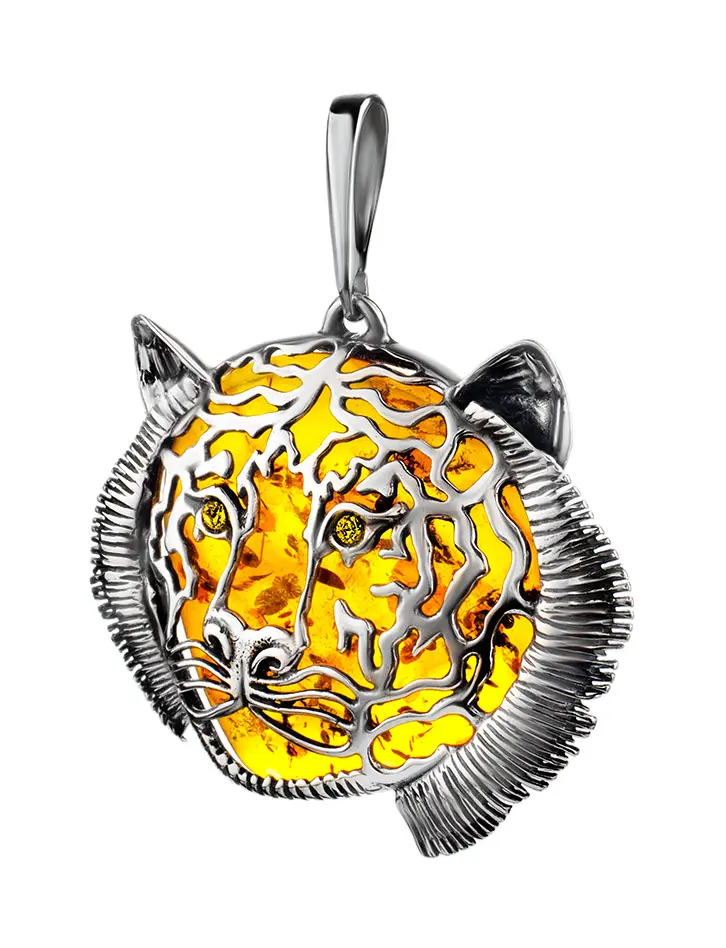 картинка Крупный оригинальный кулон с натуральным янтарём «Даррелл. Тигр» в онлайн магазине