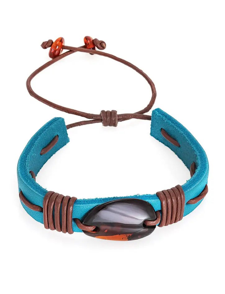 картинка Яркий синий браслет из кожи с крупным кусочком натурального янтаря «Копакабана» в онлайн магазине