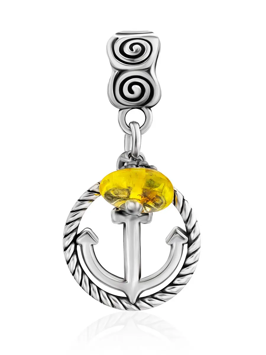 картинка Подвеска-шарм для европейского браслета с натуральным янтарём лимонного цвета «Якорь» в онлайн магазине