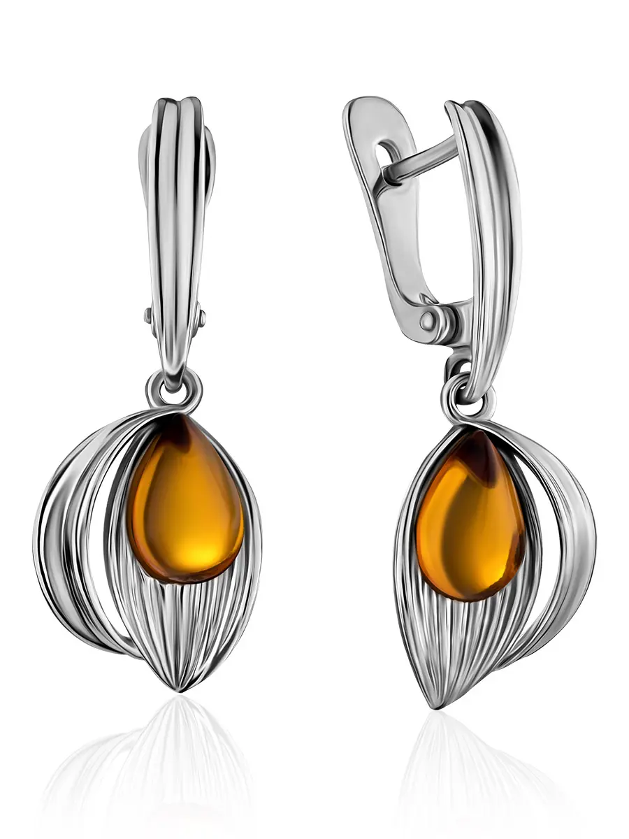 картинка Удлинённые серьги «Медонос» из серебра и натурального янтаря коньячного цвета в онлайн магазине