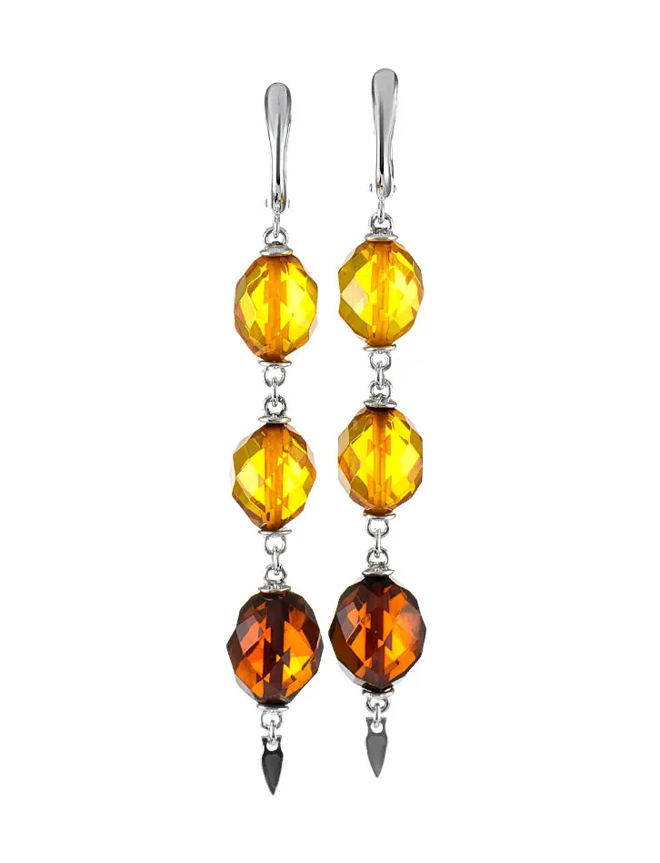 картинка Роскошные длинные серьги «Карамель алмазная» из натурального янтаря и серебра в онлайн магазине