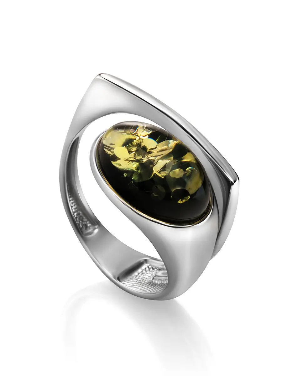 картинка Серебряное кольцо с натуральным зелёным янтарём «Либерти» в онлайн магазине