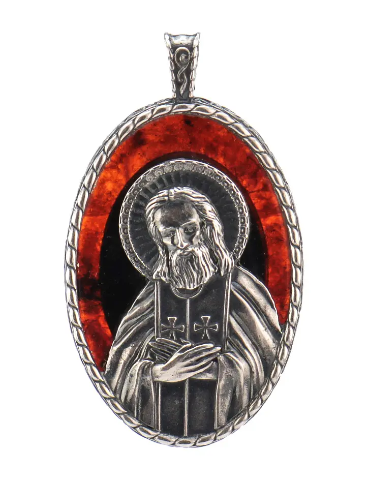 картинка «Преподобный Серафим Саровский». Подвеска-образок из полупрозрачного янтаря вишнёвого цвета в серебре в онлайн магазине