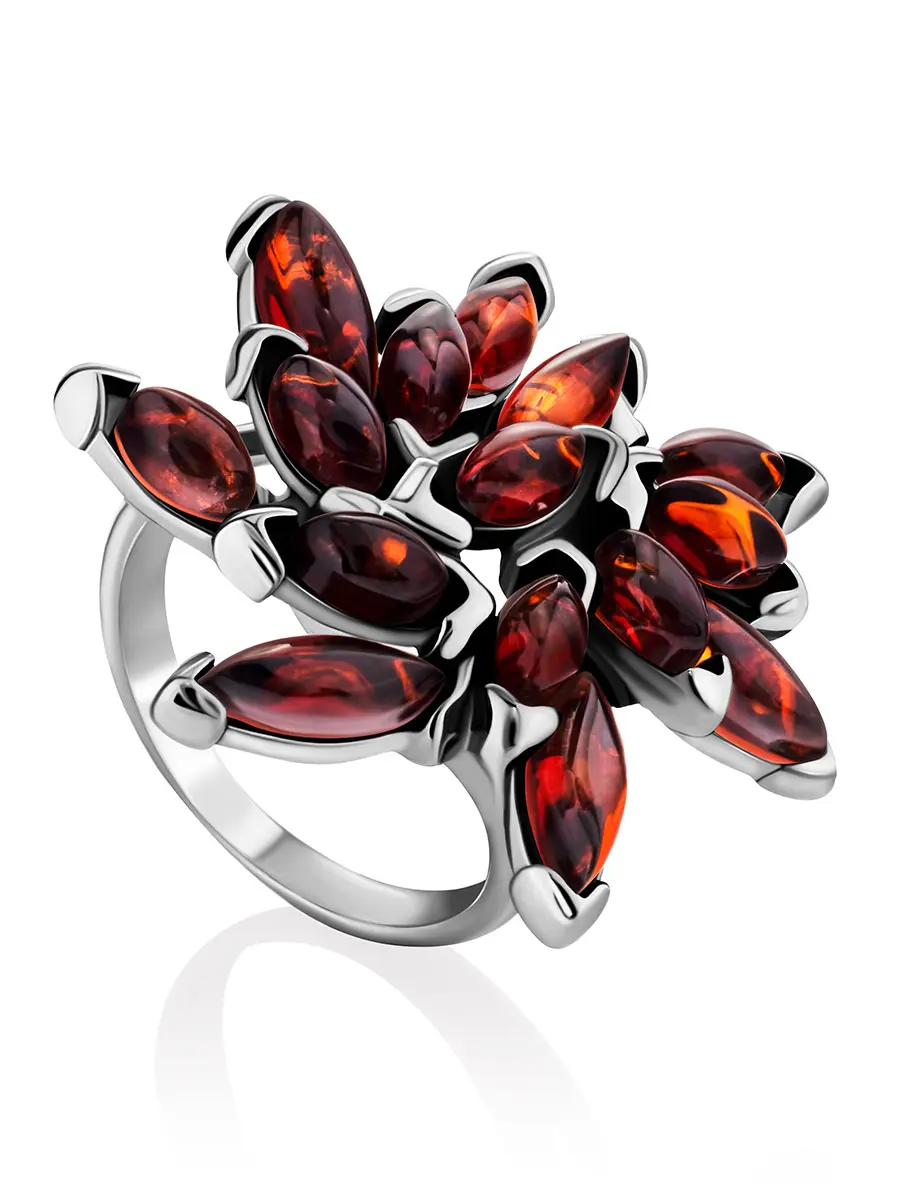картинка Нарядное кольцо из серебра с натуральным балтийским янтарём вишнёвого цвета «Комета» в онлайн магазине