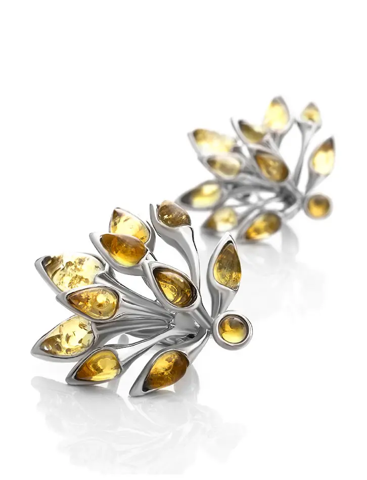 картинка Объёмные серебряные серьги с янтарём лимонного цвета «Осень» в онлайн магазине