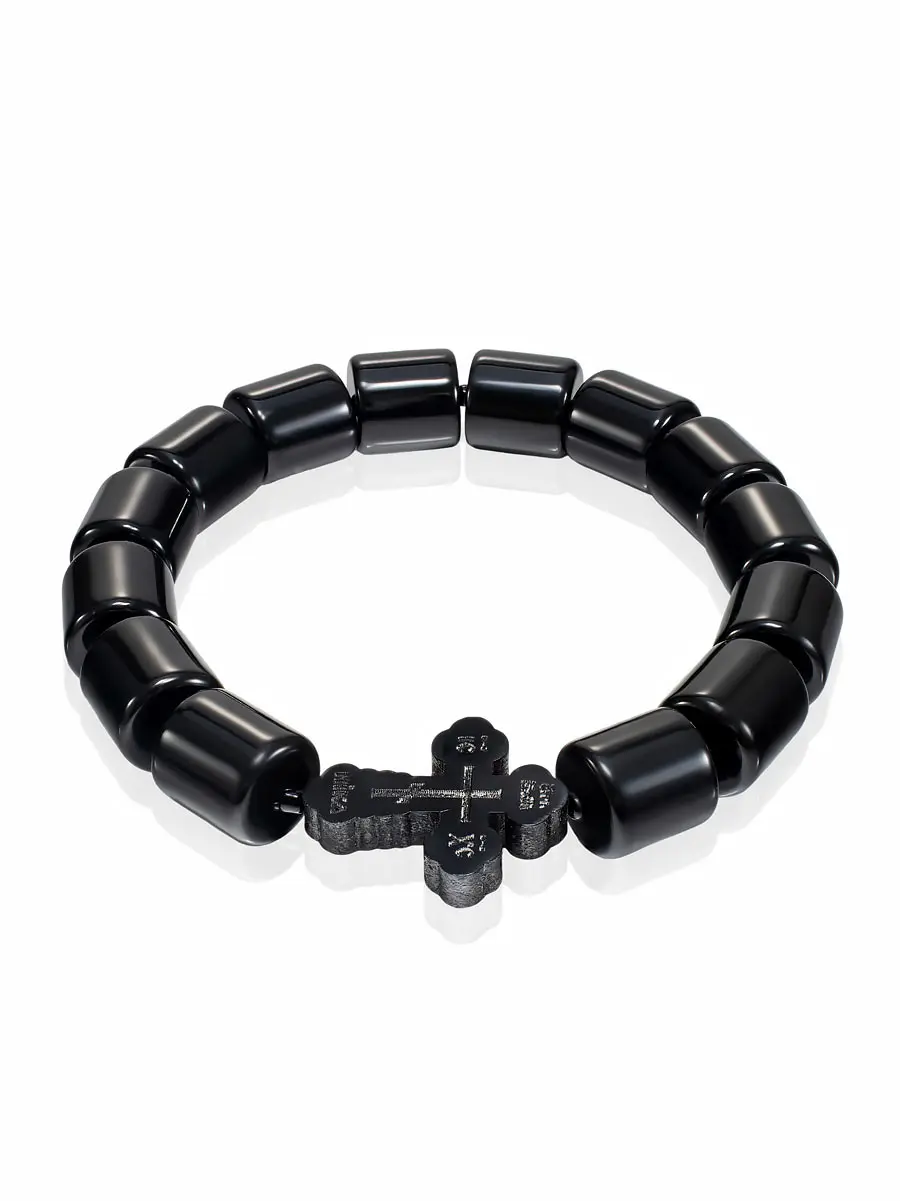картинка Православные чётки-браслет из чёрного янтаря с резным крестом в онлайн магазине