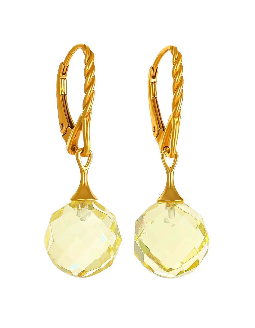 картинка Позолоченные серьги-подвески с натуральным янтарём с алмазной огранкой «Баккара» в онлайн магазине