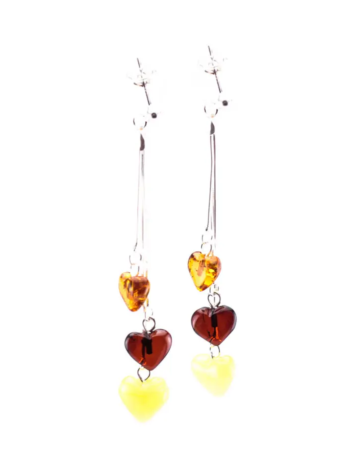 картинка Изящные серебряные серьги на замочках-гвоздиках «Сердечки трехцветные» в онлайн магазине
