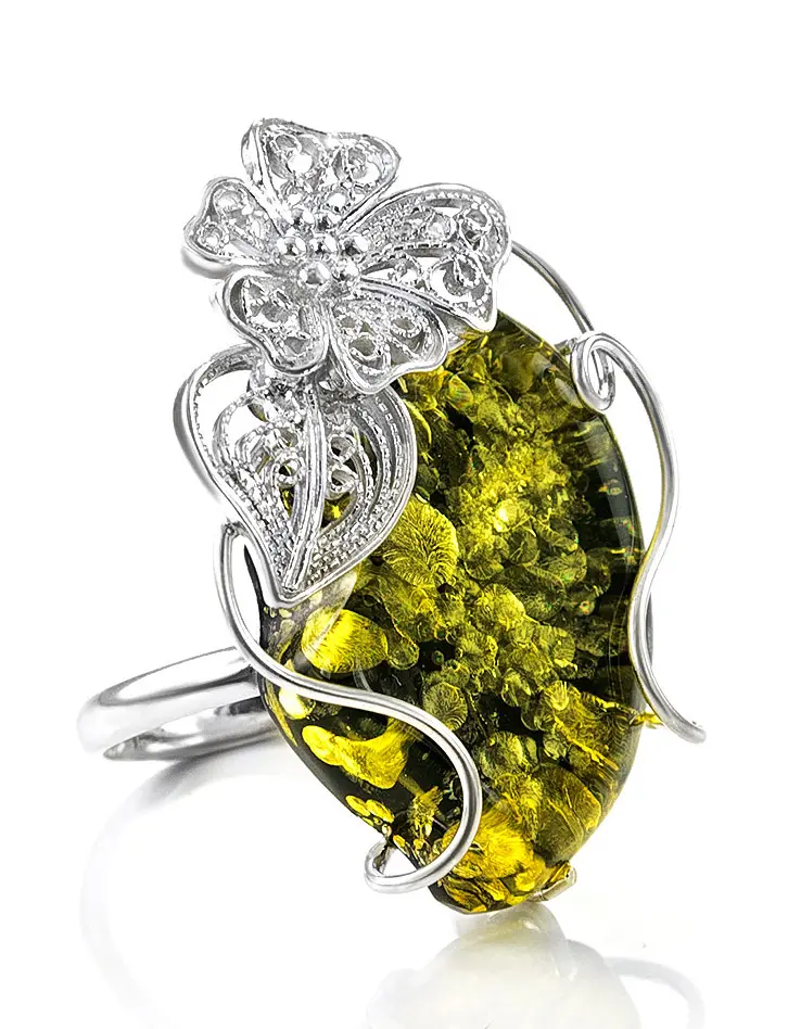картинка Кольцо с натуральным зеленым искрящимся янтарем «Филигрань» в онлайн магазине
