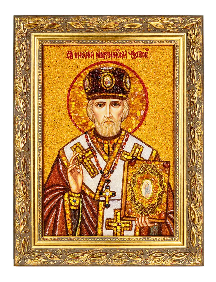 картинка Икона из натурального балтийского янтаря «Святой Николай Чудотворец Мирликийский» в онлайн магазине