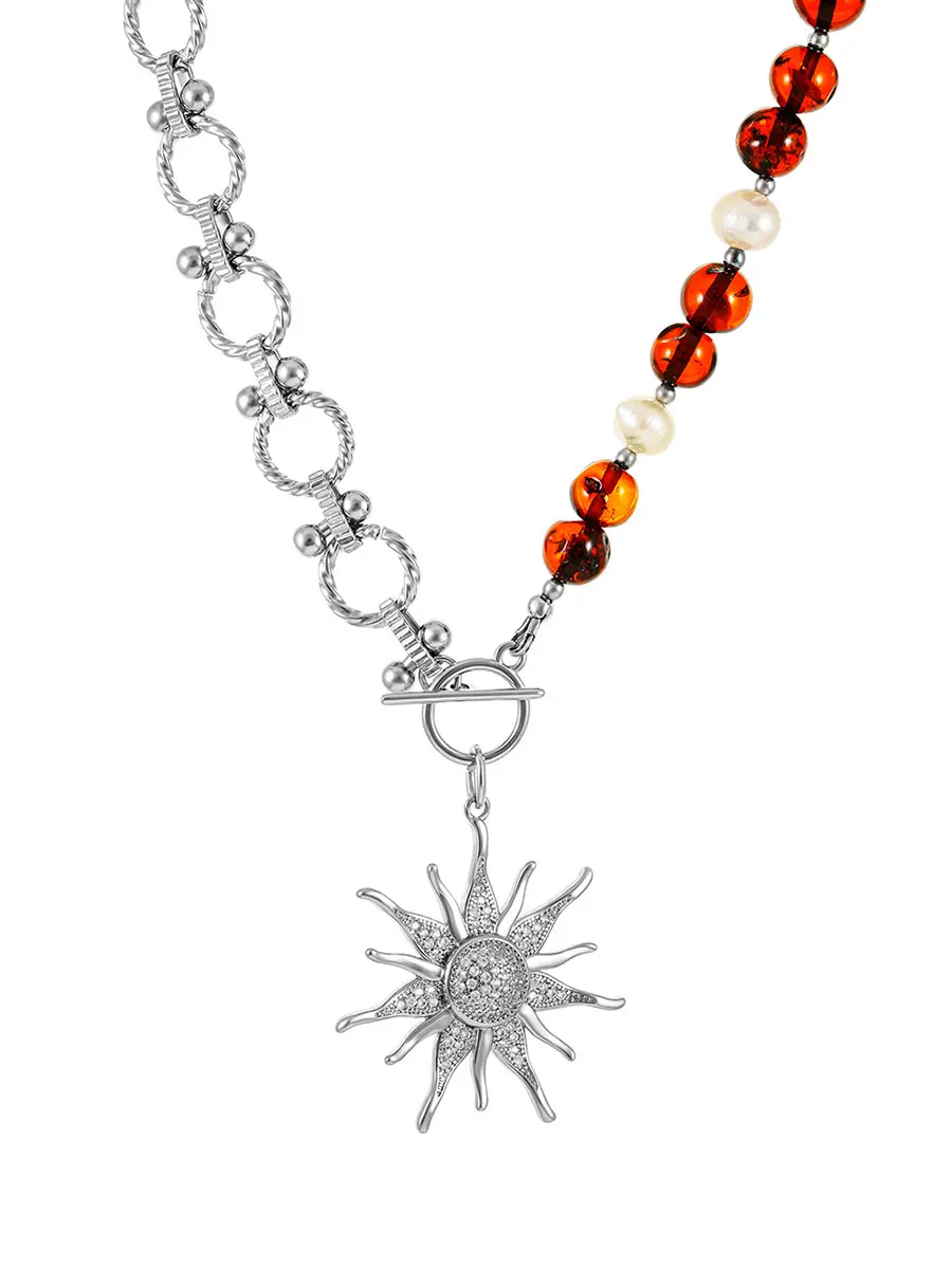 картинка Роскошное колье-цепь из янтаря с искрящейся подвеской в виде солнца «Гелиос» в онлайн магазине