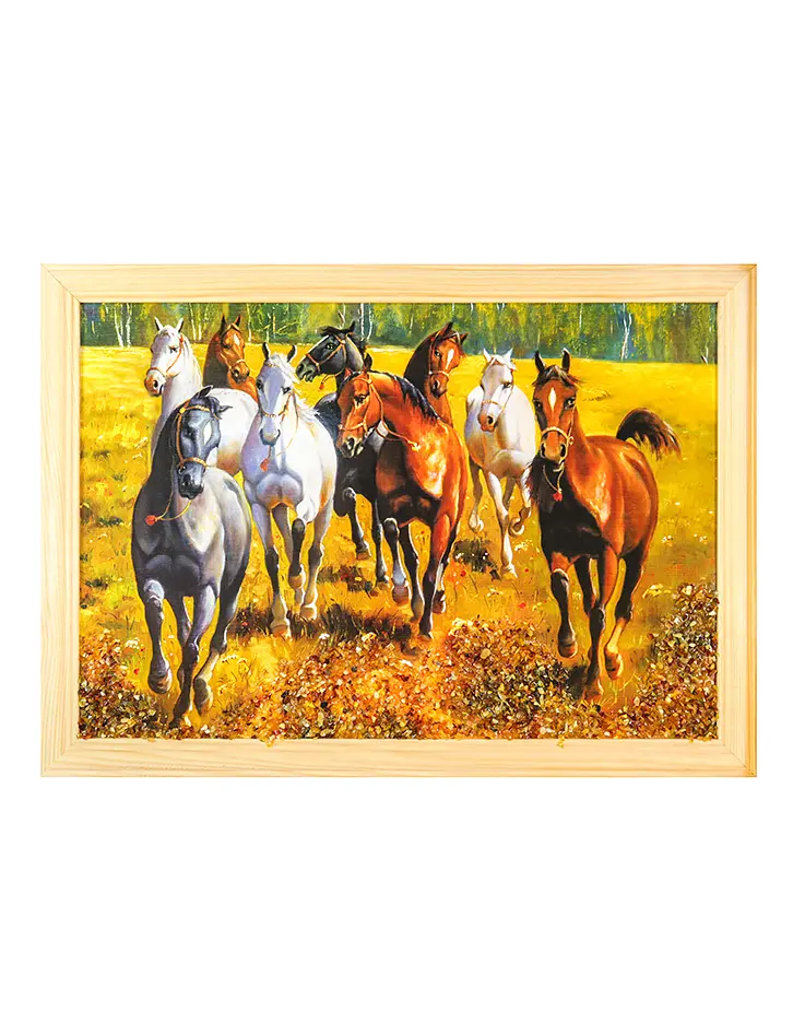 картинка Яркая картина, украшенная натуральным балтийским янтарём «Табун лошадей» 23 (В) х 32 (Ш)  в онлайн магазине
