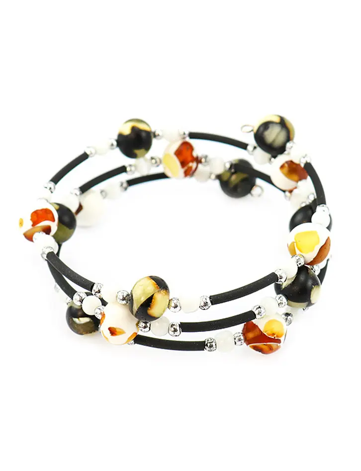картинка Браслет из янтарных мозаичных шаров черного и белого цветов на струне «Далматин» в онлайн магазине