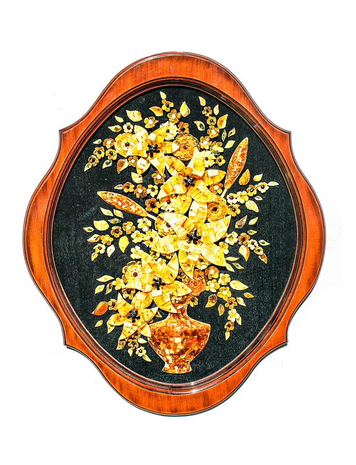 картинка Большое овальное панно из натурального янтаря на бархате «Цветы» в онлайн магазине