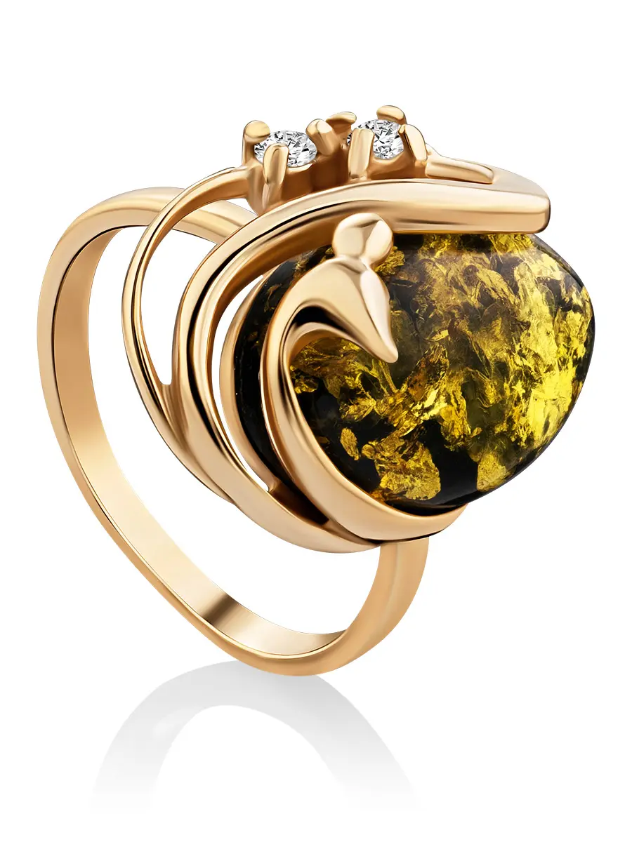 картинка Кольцо из зелёного янтаря в золоте, украшенное кристаллами «Мелисса» в онлайн магазине