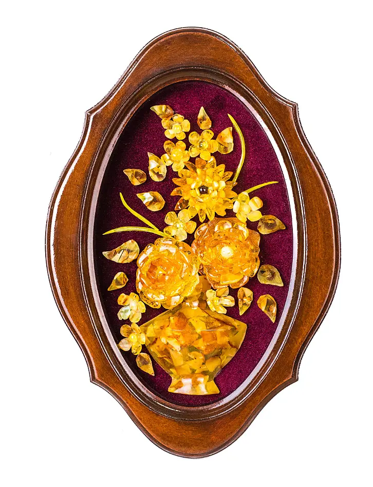 картинка Очаровательная картина из натурального янтаря на бархате «Букет в вазе» 31 х 22 см в онлайн магазине