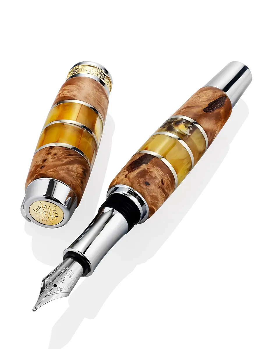 картинка Стильная перьевая ручка в корпусе из натурального янтаря и дерева в онлайн магазине