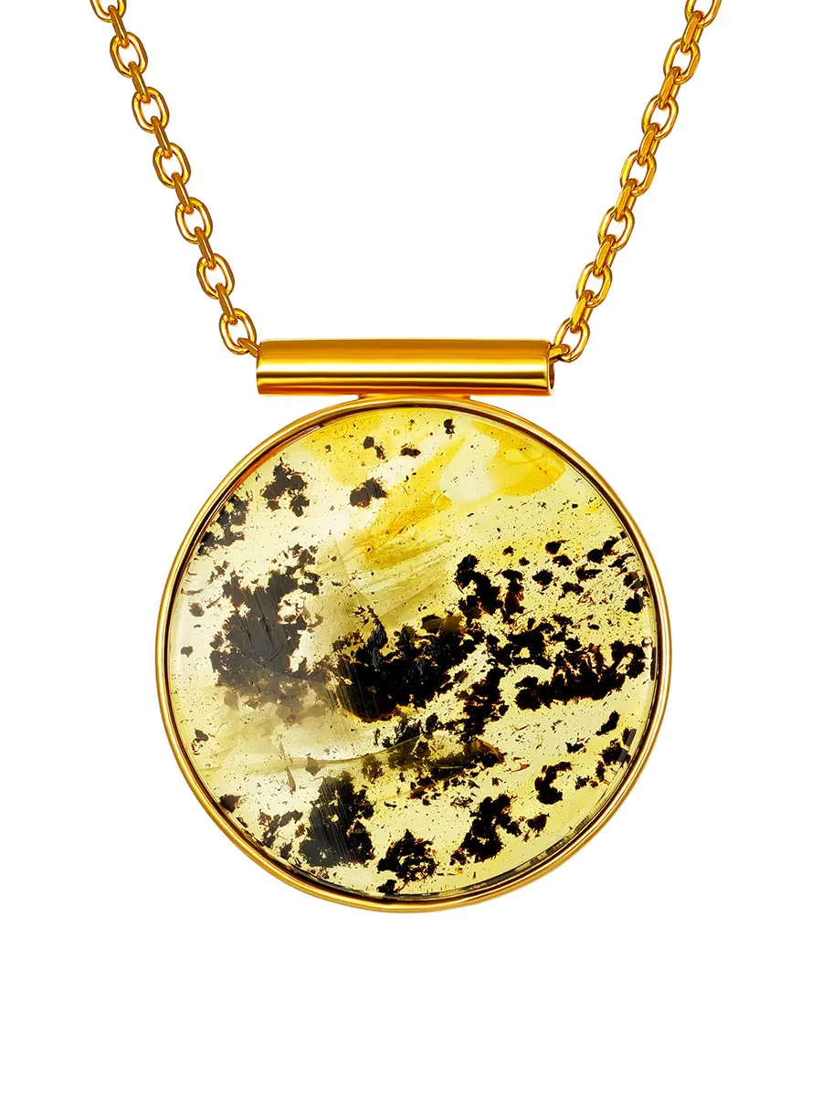 картинка Стильное колье с плоским медальоном из прозрачного текстурного янтаря «Сирокко» в онлайн магазине
