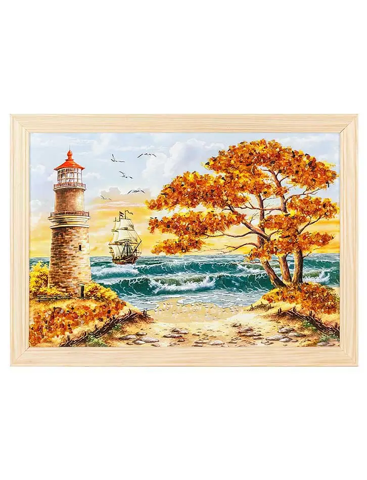 картинка Небольшое горизонтальное панно, украшенное натуральным янтарём «Бурное море» 23 см (В) х 33 см (Ш) в онлайн магазине