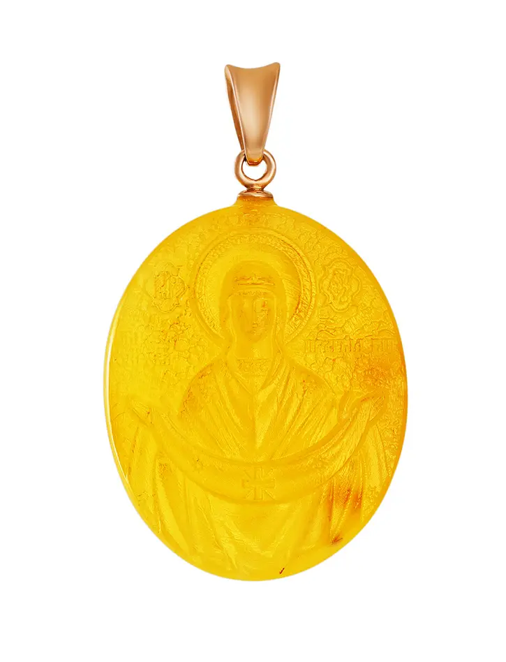 картинка Резная подвеска из натурального янтаря и золота 585 пробы «Богоматерь Покрова». в онлайн магазине