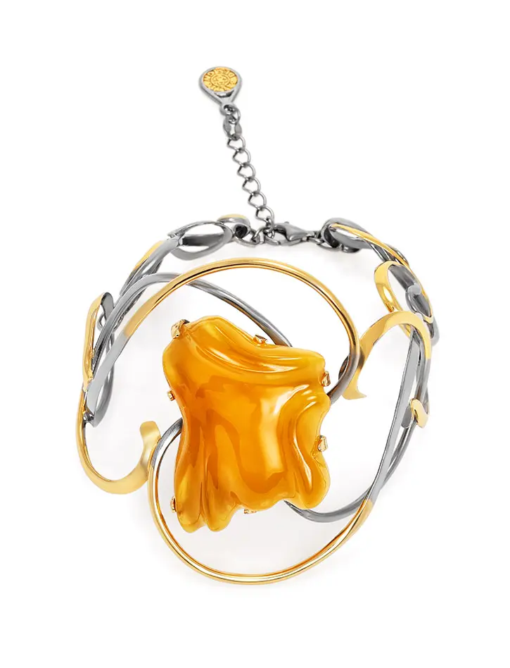 картинка Крупный серебряный браслет с натуральным медовым янтарём «Версаль» в онлайн магазине