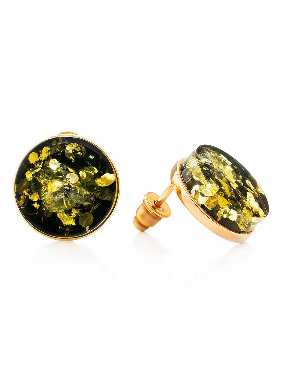 картинка Серьги-гвоздики «Фурор» из серебра в позолоте и зелёного янтаря в онлайн магазине