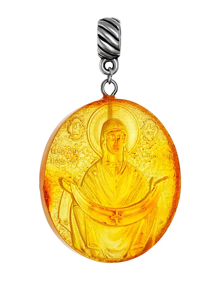 картинка Резная подвеска из натурального янтаря лимонного цвета «Богоматерь Покрова». в онлайн магазине