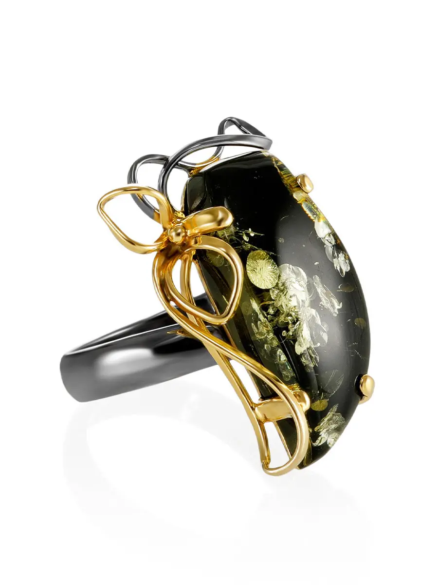 картинка Изящное кольцо из зелёного янтаря в золоченном серебре «Риальто» в онлайн магазине
