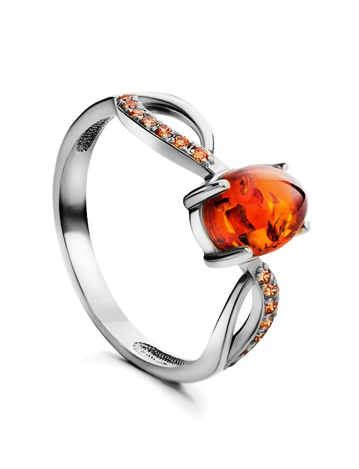 картинка Изящное тонкое кольцо из серебра с натуральным янтарём «Ренессанс» в онлайн магазине
