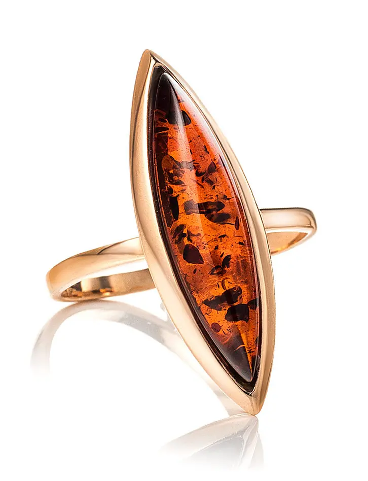 картинка Изящное удлинённое кольцо из серебра с позолотой и янтаря «Грация» в онлайн магазине