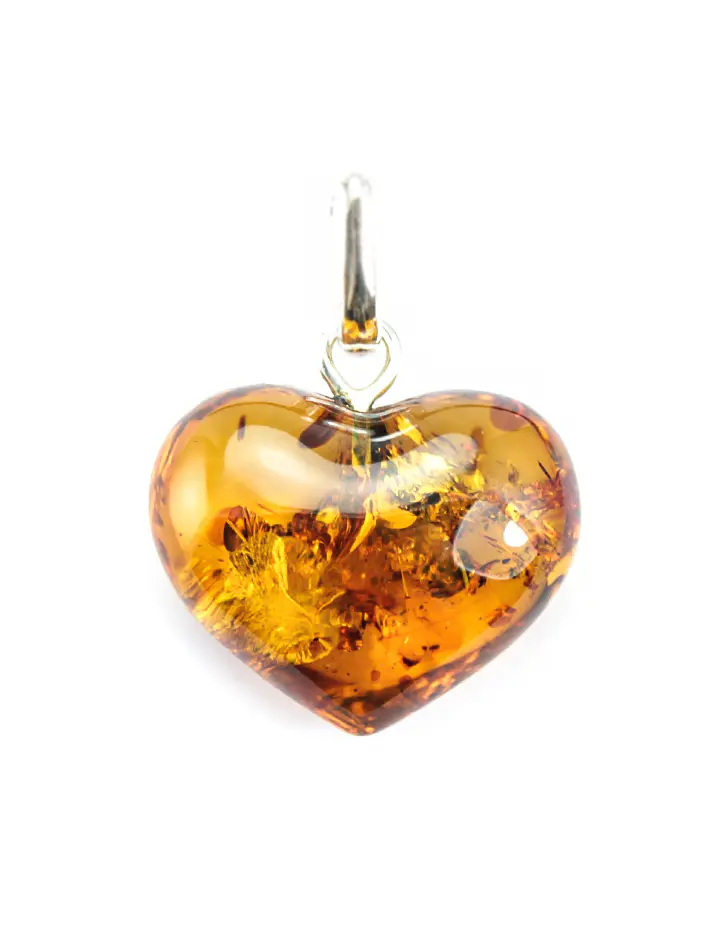 картинка Подвеска-сердце из натурального янтаря чайного цвета с мелкими искорками в онлайн магазине