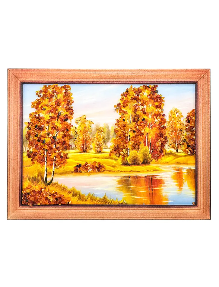 картинка Тёплый лесной пейзаж с натуральным янтарём «Осенняя река» 17 (В) х 24 (Ш) в онлайн магазине