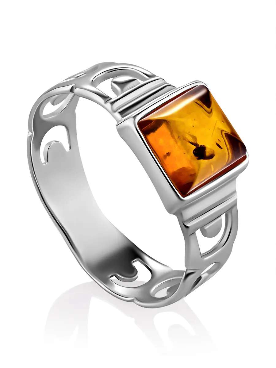картинка Стильное тонкое кольцо «Ипсипила» из серебра и золотистого янтаря в онлайн магазине