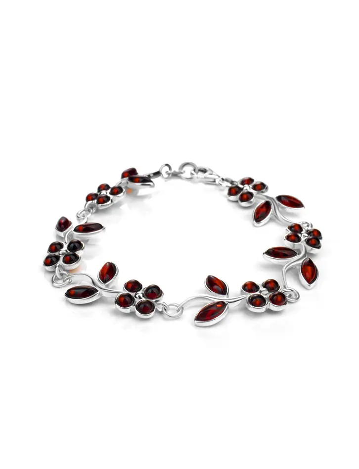 картинка Яркий браслет из серебра с натуральным янтарём вишнёвого цвета «Апрель» в онлайн магазине