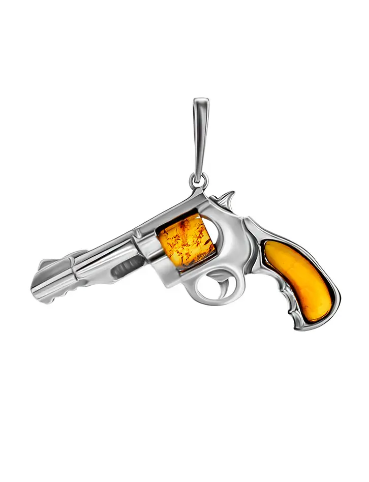 картинка Оригинальный кулон с янтарём коньячного цвета «Револьвер» в онлайн магазине