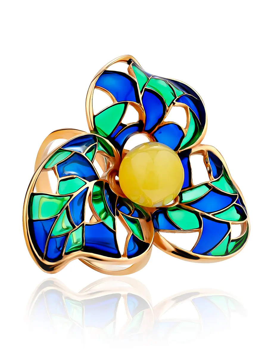 картинка Яркое позолоченное кольцо с натуральным янтарём и эмалью Verona в онлайн магазине