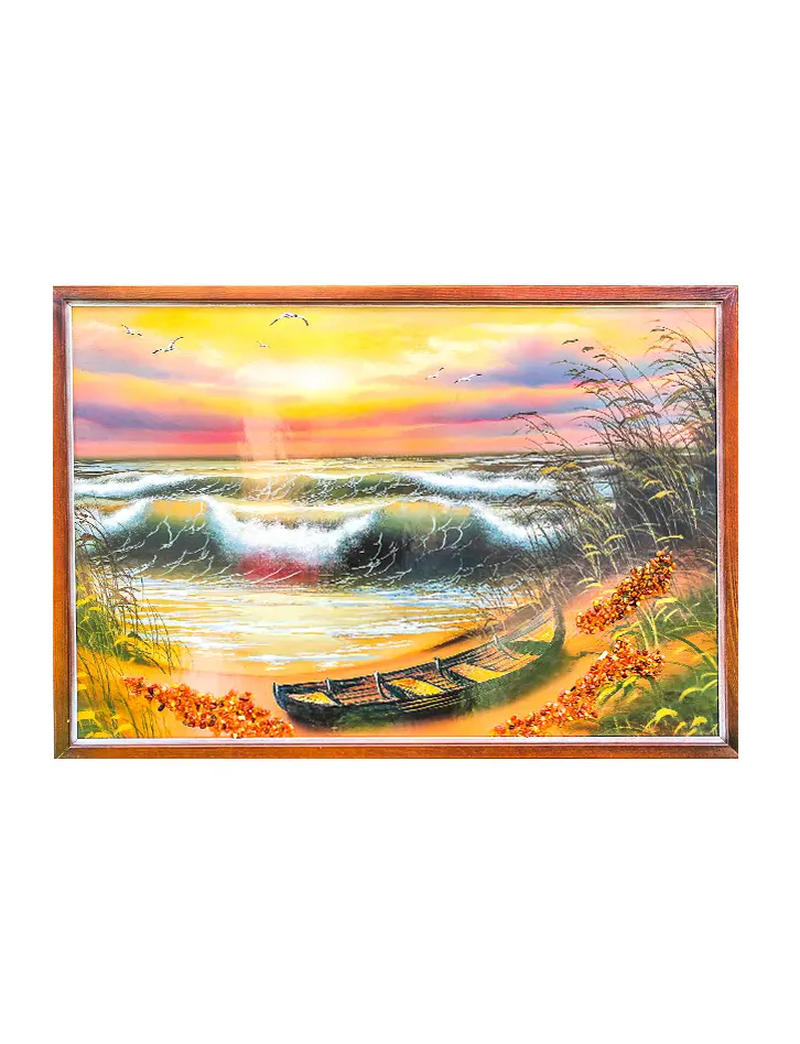 картинка Панно с натуральным янтарем «Лодка на рассвете» в онлайн магазине