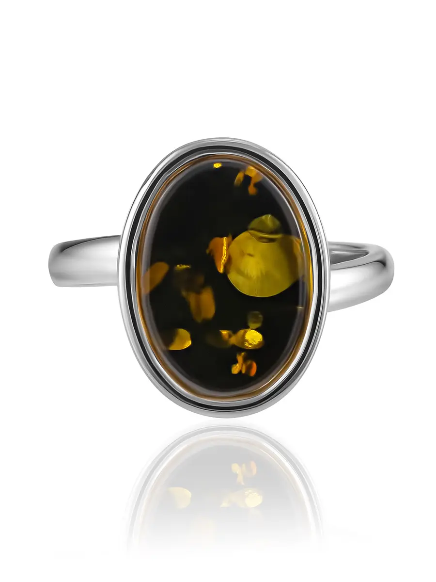 картинка Стильное овальное кольцо с зелёной янтарной вставкой «Бенефис» в онлайн магазине