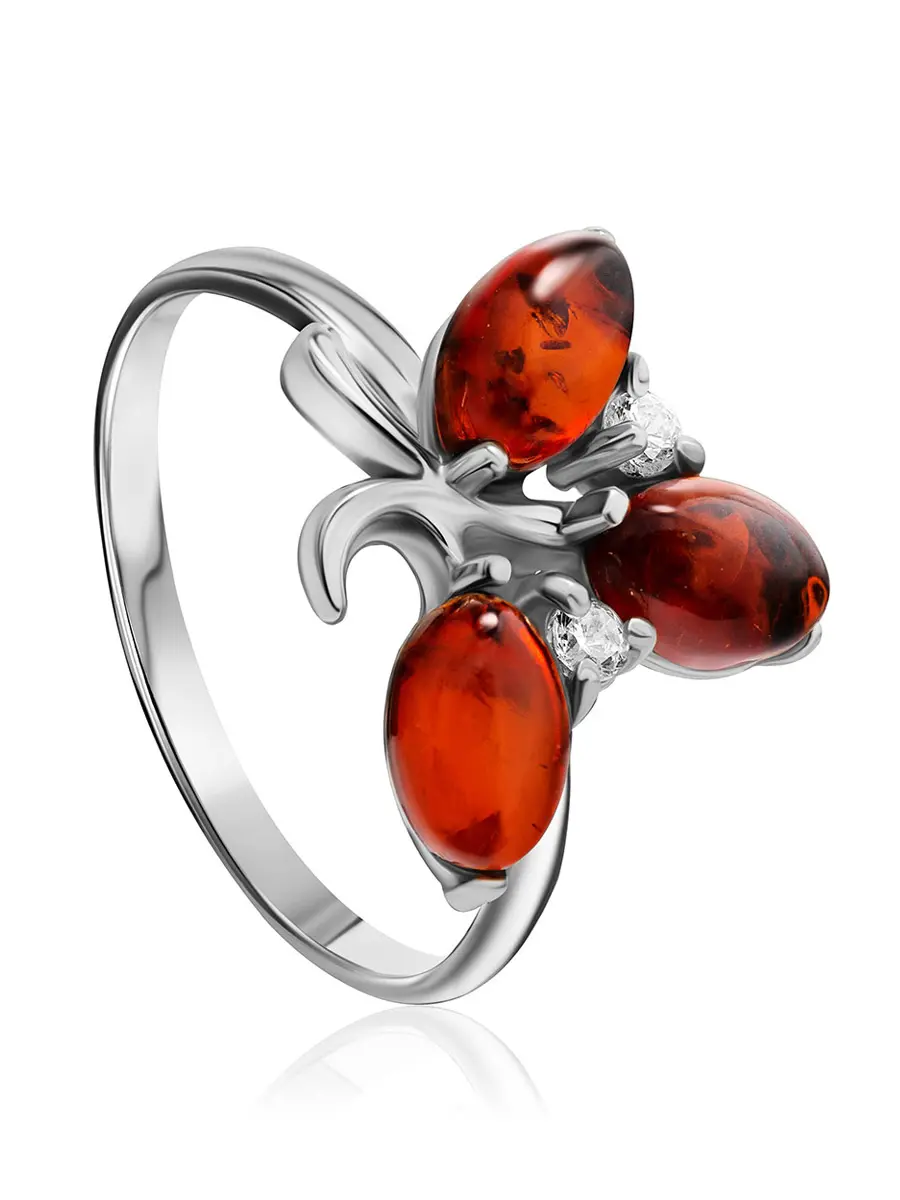 картинка Нежное кольцо из серебра со вставками из янтаря коньячного цвета «Олеандр» в онлайн магазине