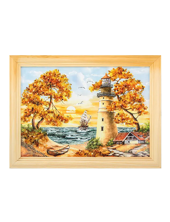 картинка Небольшая картина с морским сюжетом, украшенная натуральным янтарём «У подножия маяка» 17 (В) х 24 (Ш) в онлайн магазине