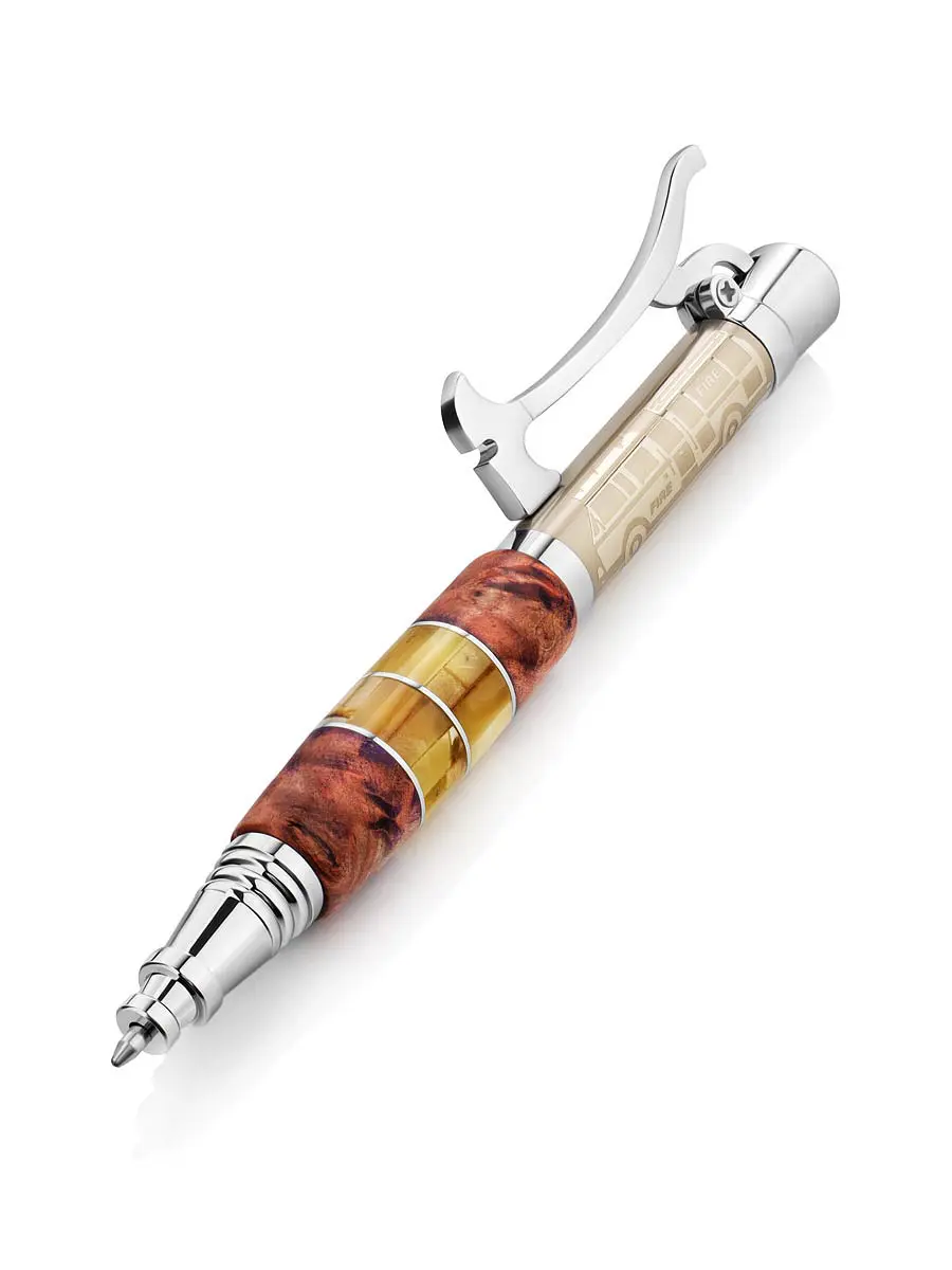 картинка Необычная ручка, украшенная янтарём и деревом «МЧС» в онлайн магазине
