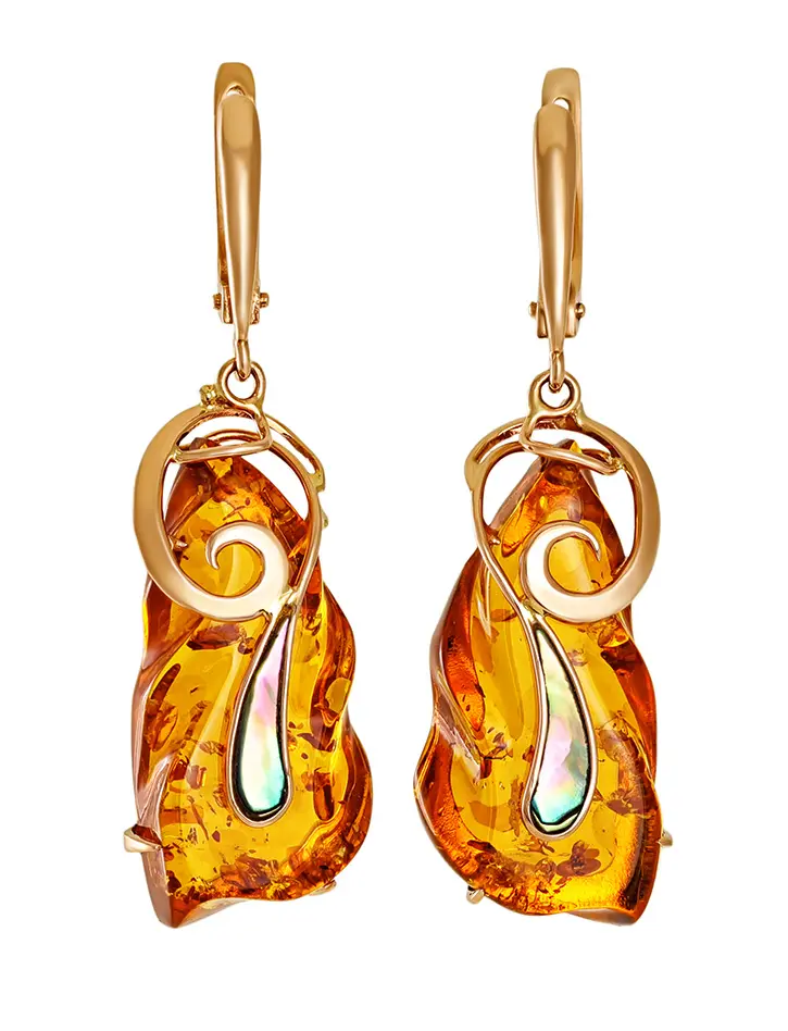 картинка Роскошные золотые серьги с натуральным янтарем и перламутром «Атлантида» в онлайн магазине